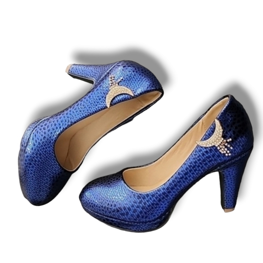 METALLIC COBALT BLUE VEGAN Platform Pumps 8 Heels Gold CZ Moon Charms Chunky - Picture 16 of 16